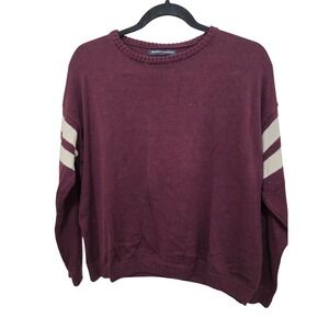 Brandy Melville Knit Maroon Crewneck Sweater White Stripes On Sleeves Size M Mad